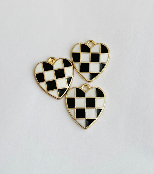 Black and White Checkered Heart Charm